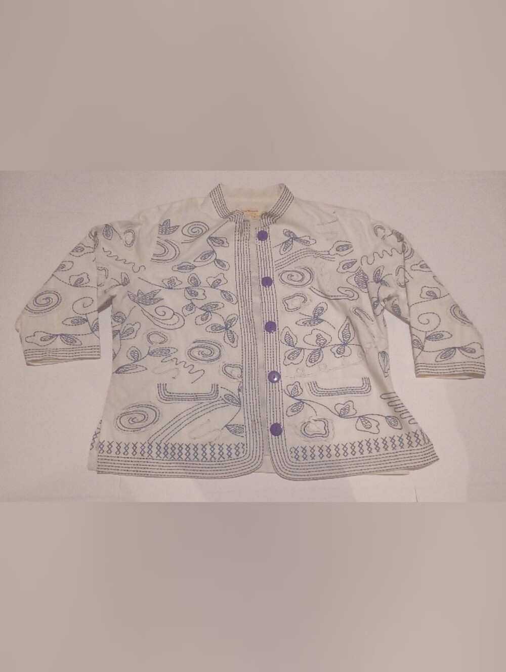 Norm Thompson White Jacket with Blue Printed Motifs